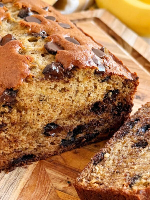 loaf of homemade banana bread with chocolate chips.