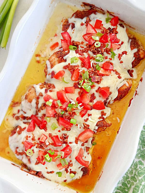 Monterey chicken bake in casserole dish.