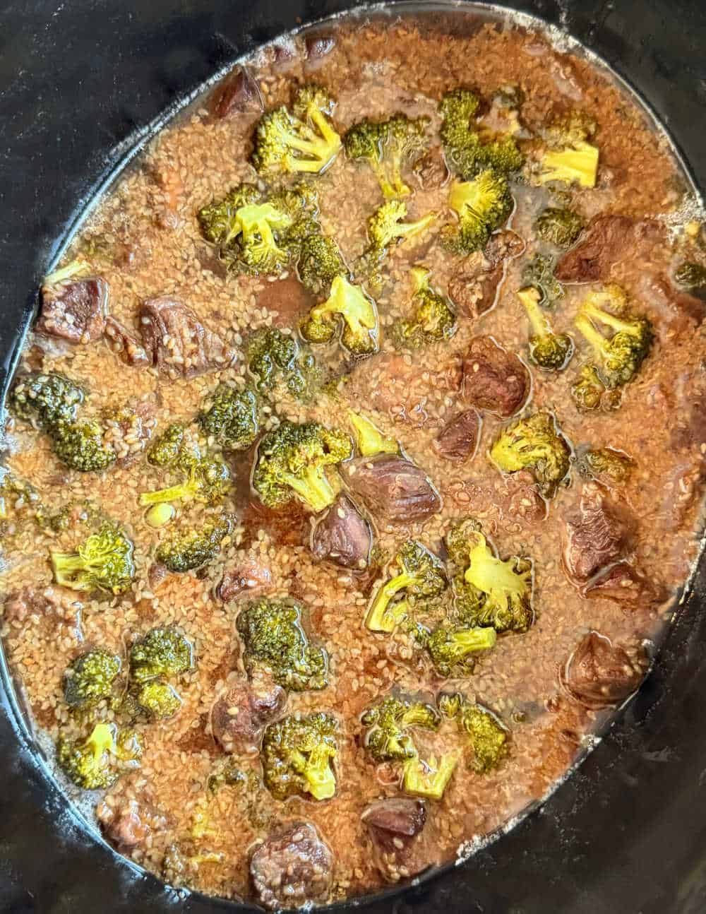 beef teriyaki and broccoli in crock pot.