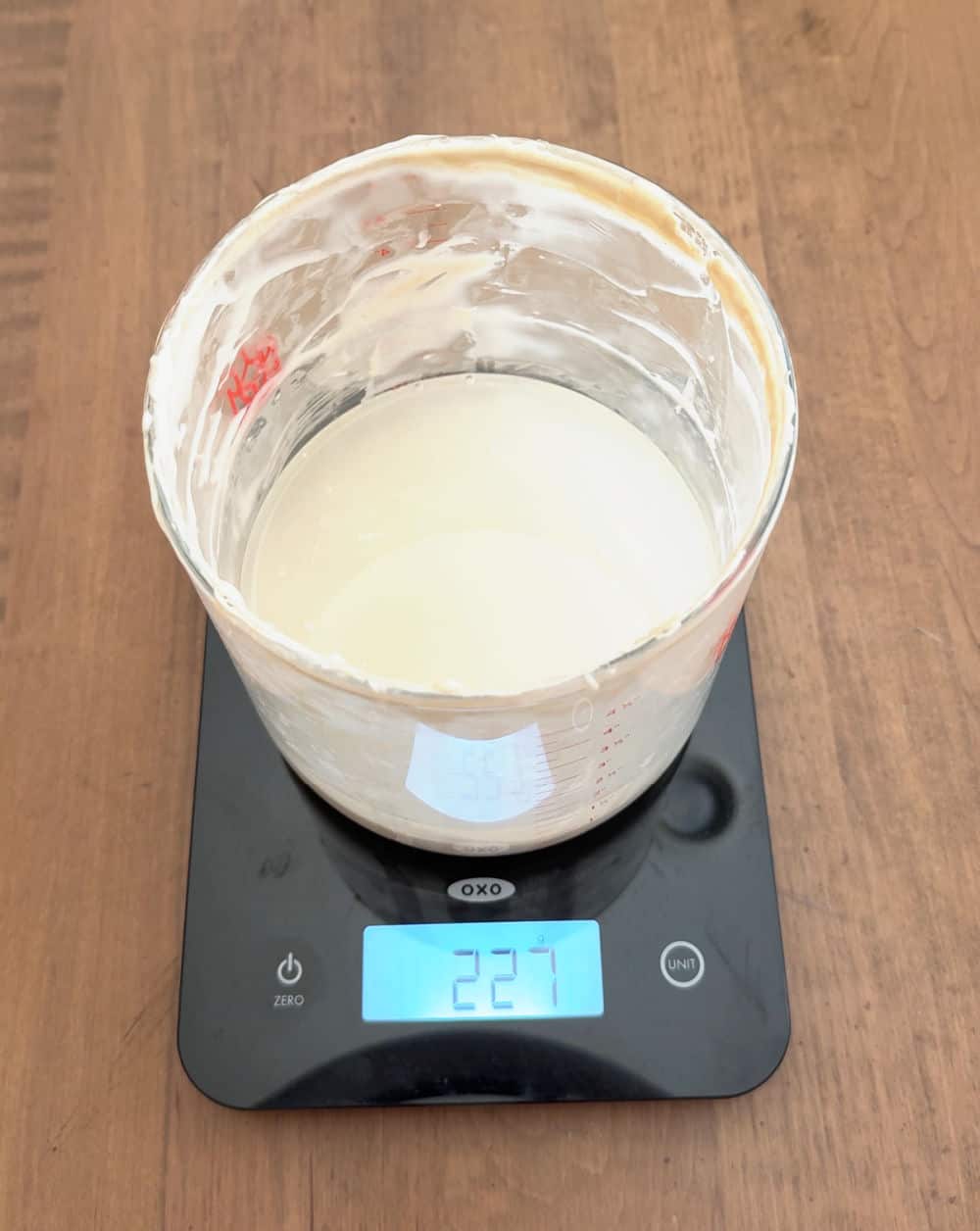 water and starter on scale.