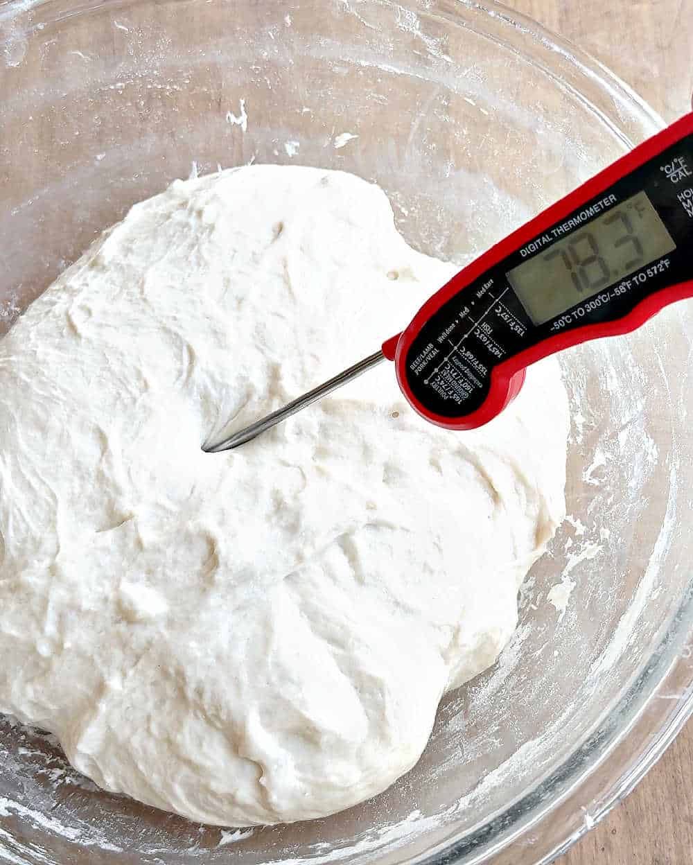 instant read thermometer in dough.