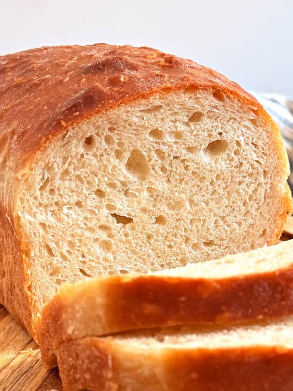 loaf of sourdough sandwich bread sliced.