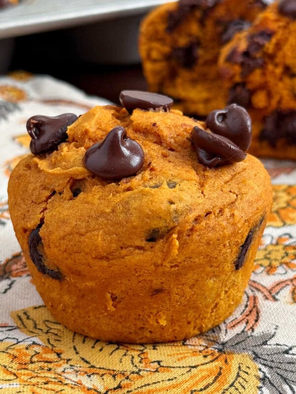 cake mix pumpkin muffin with chocolate chips.