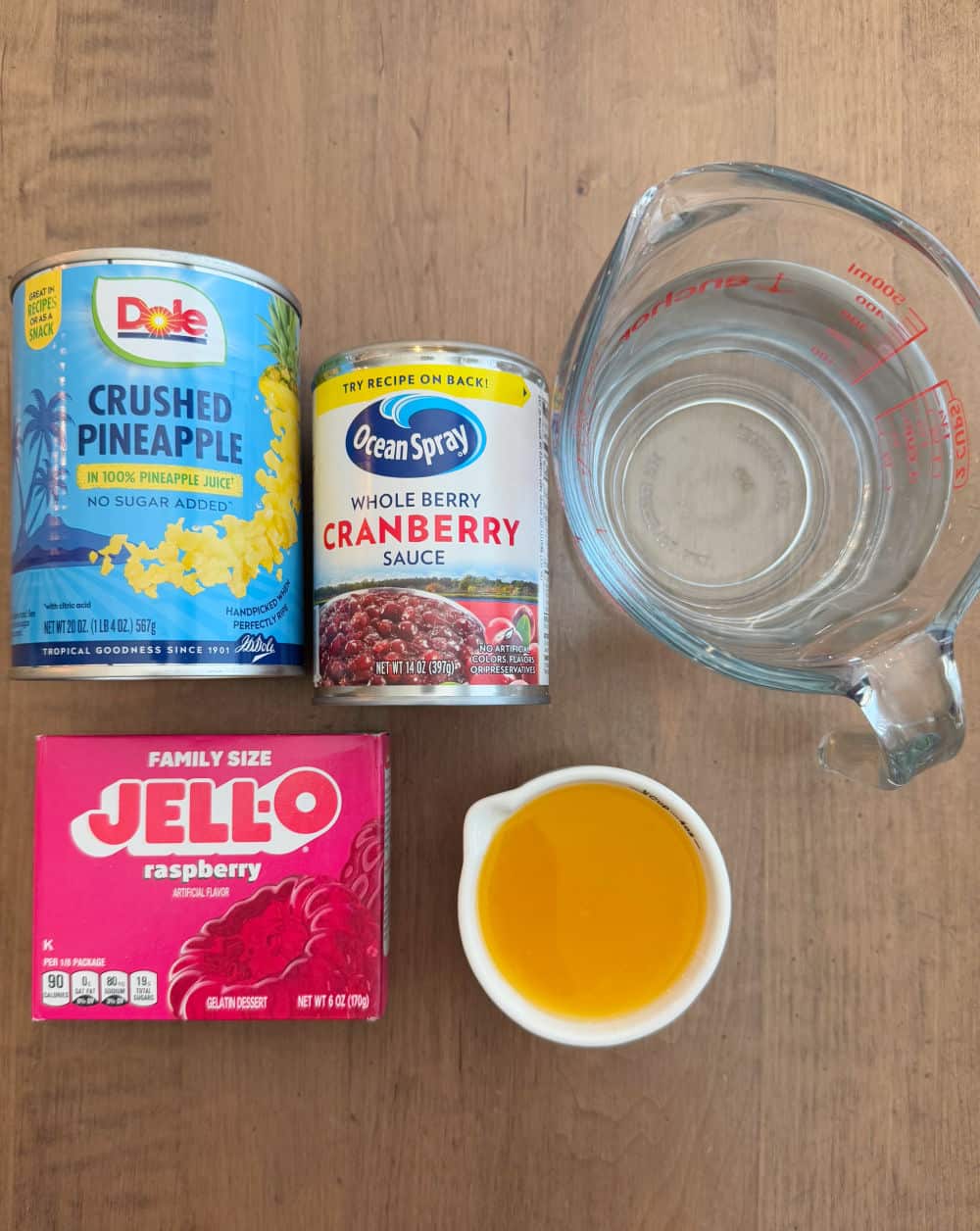 crushed pineapple, can cranberry sauce, raspberry jello, orange juice, water.