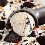 homemade halloween ice cream with Oreos in a scoop.