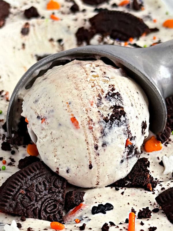homemade halloween ice cream with Oreos in a scoop.
