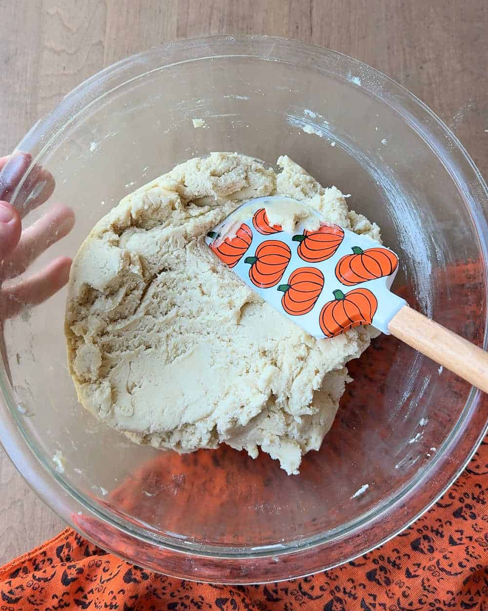 pumpkin spatula on cookie dough.