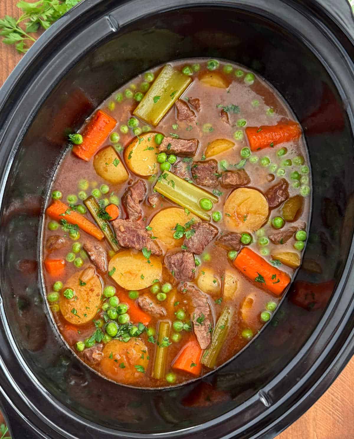 beef stew with onion soup in slow cooker.