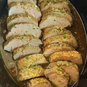 crock pot pork tenderloin in garlic butter sauce.