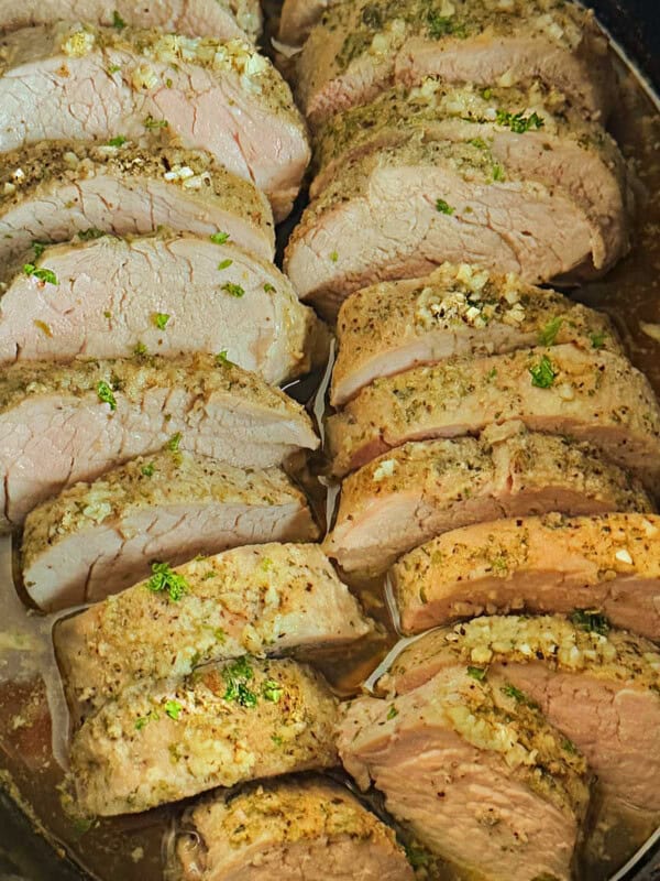 crock pot pork tenderloin in garlic butter sauce.