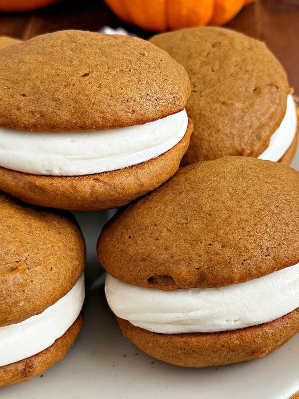 pumpkin whoopie pies with cream cheese filling.