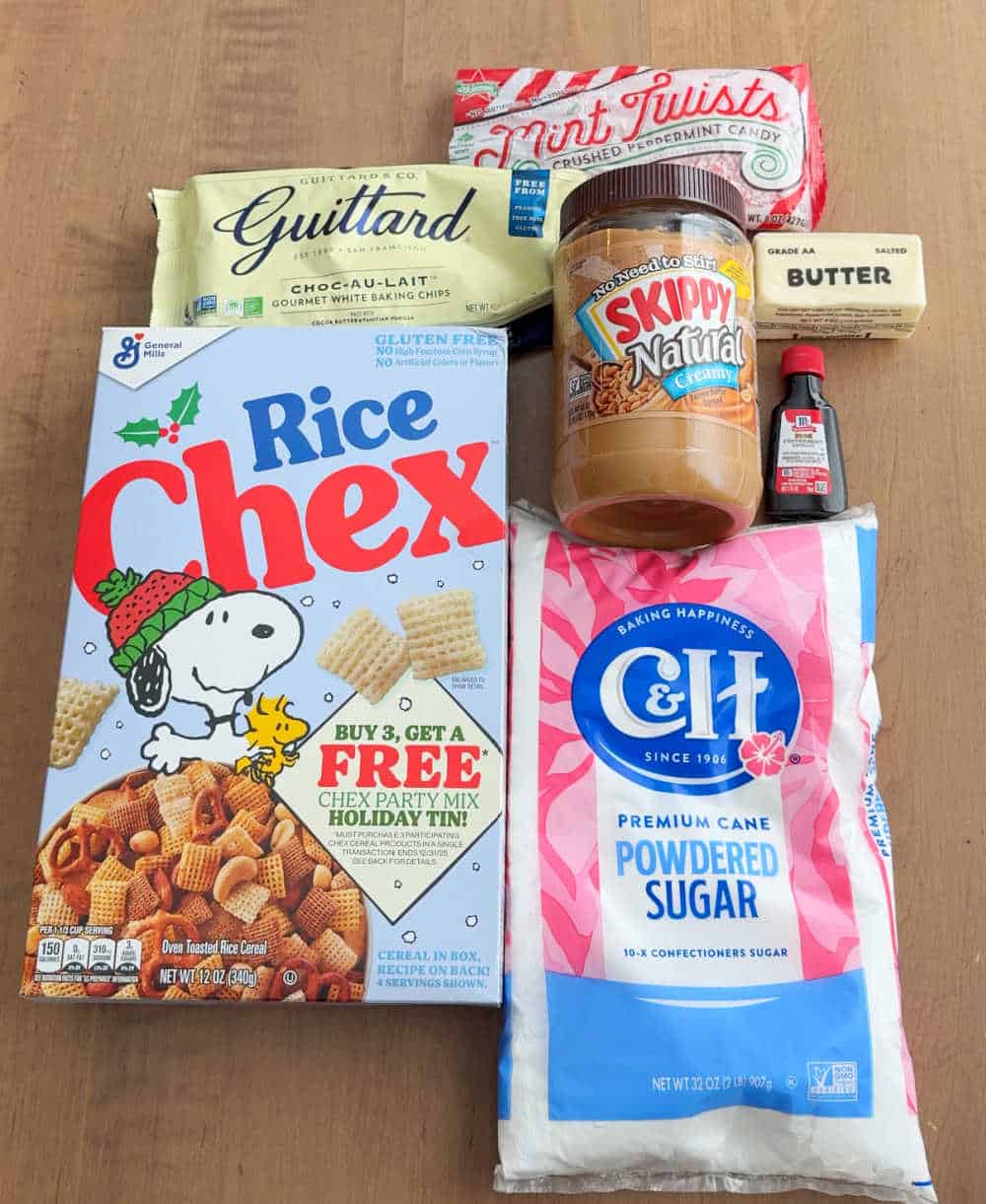 rice chex, powdered sugar, peanut butter, white chocolate, butter, peppermint.