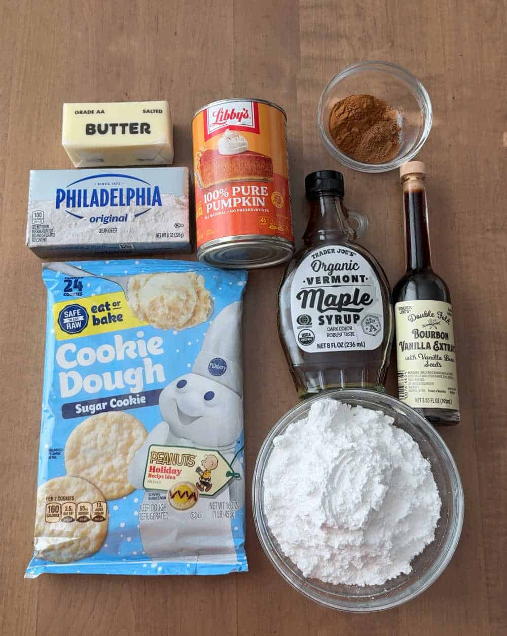 package of cookie dough, butter, cream cheese, pumpkin, spices, flavorings and sugar.