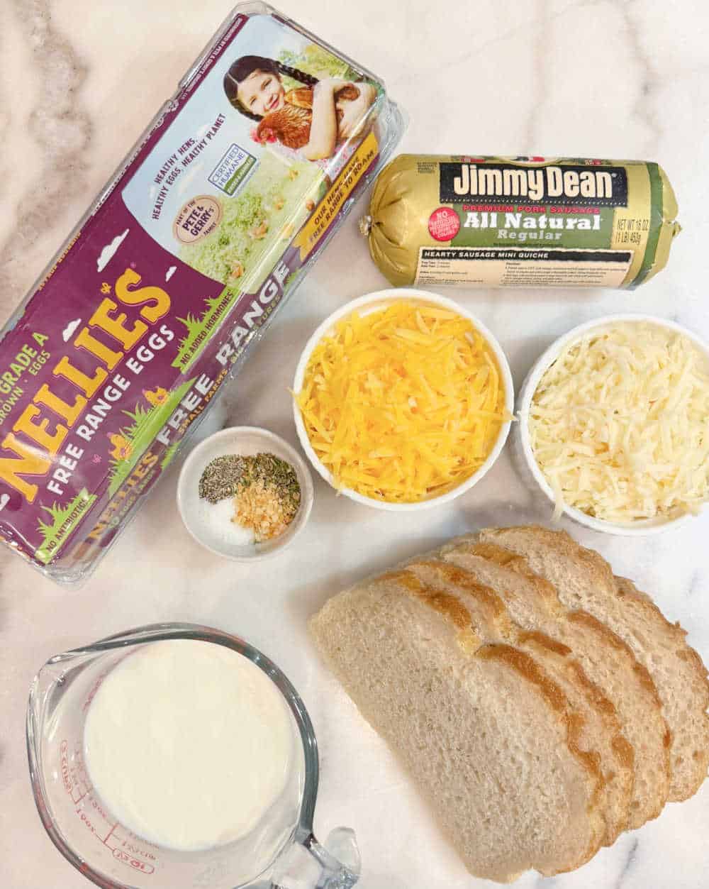 eggs, sliced bread, sausage, cheese, milk, spices.