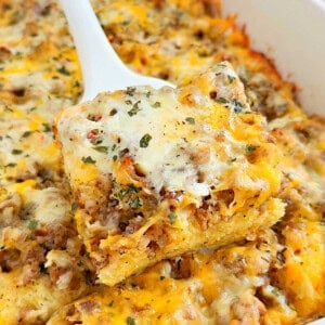 sausage egg breakfast casserole with sourdough bread.