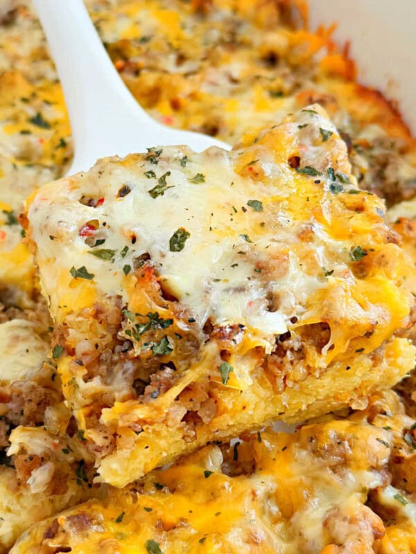 sausage egg breakfast casserole with sourdough bread.