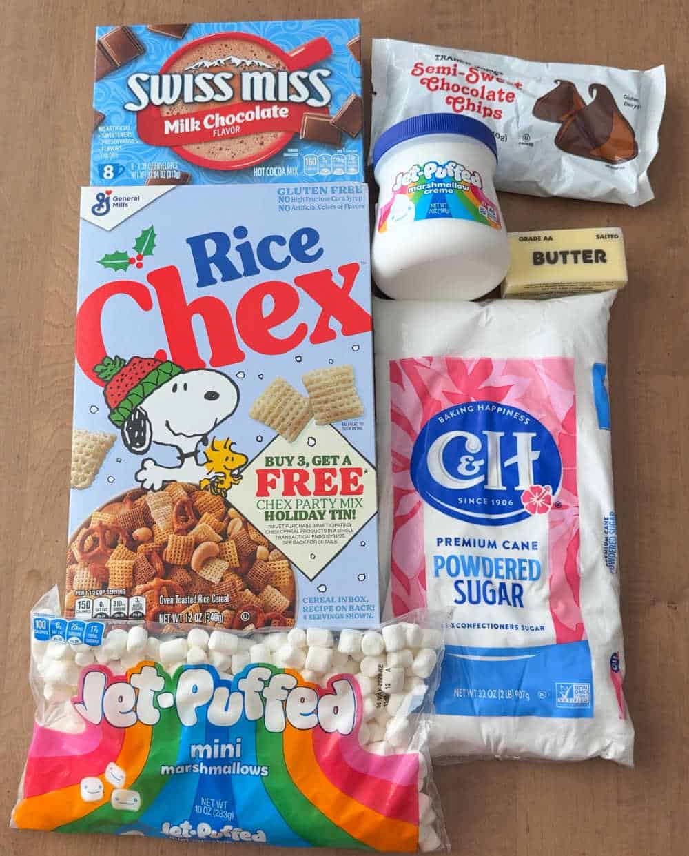 rice chex, marshmallow creme, powdered sugar, butter, marshmallows, cocoa mix and chocolate chips.