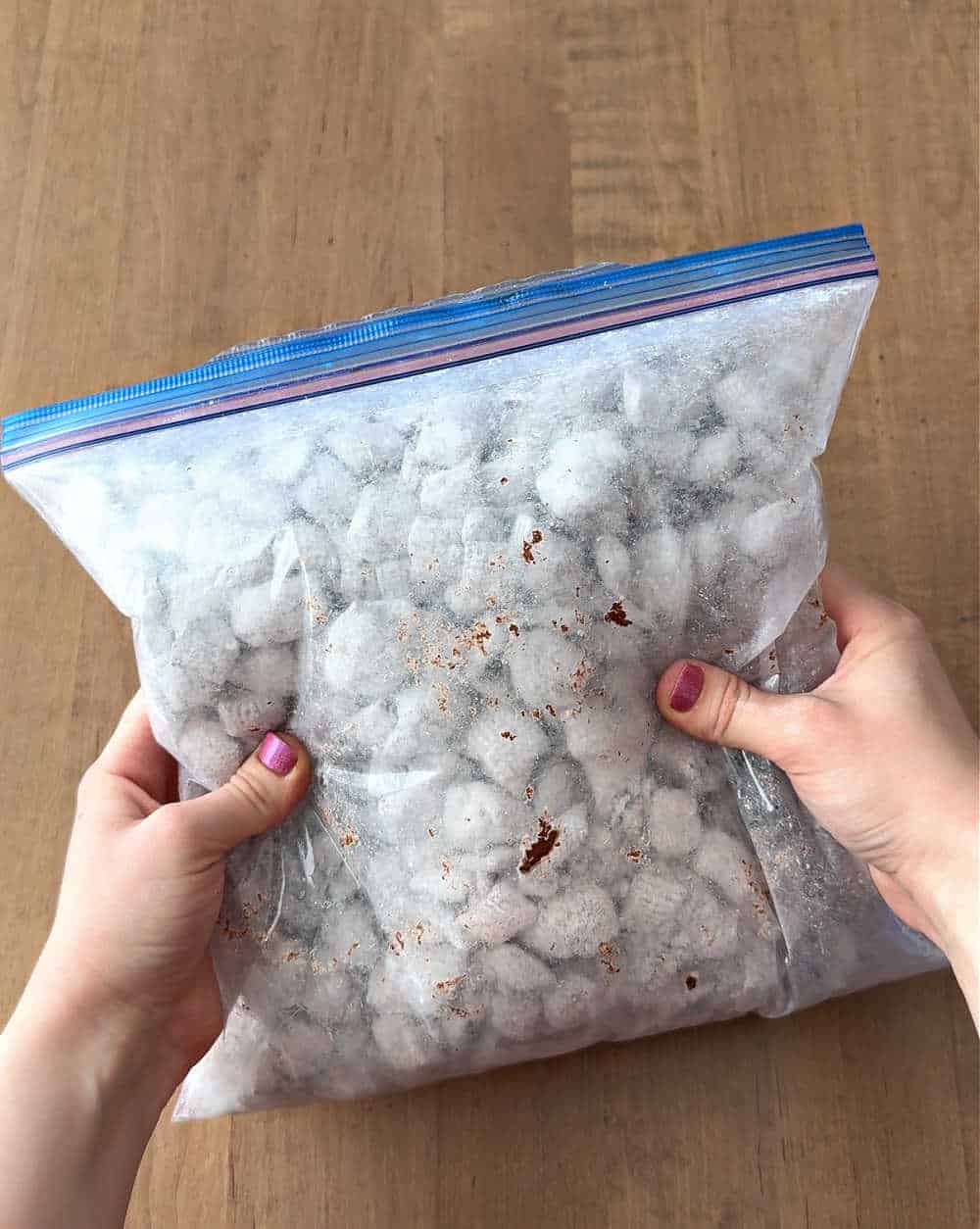 shaking puppy chow in freezer bag.