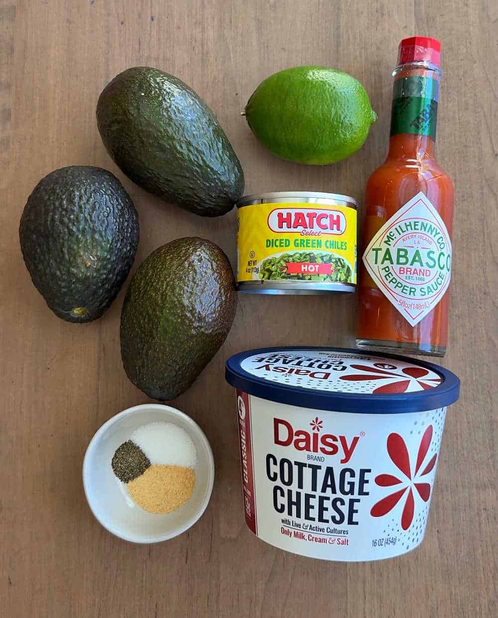 avocados, green chiles, tabasco, lime, cottage cheese and spices.