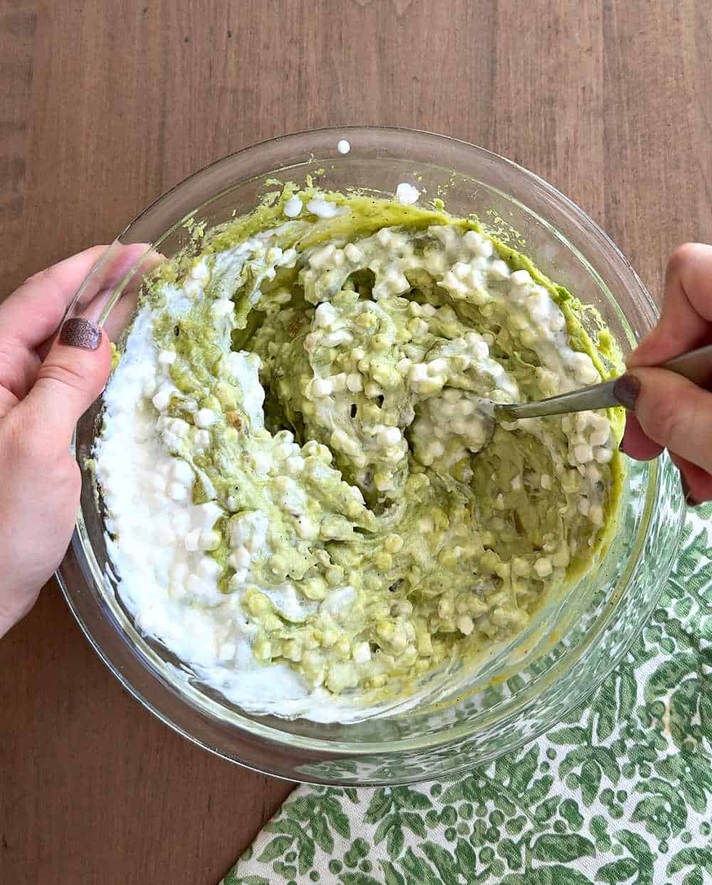 stirring cottage cheese into avocado mixture.