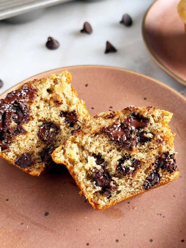 chocolate chip banana bread muffins on a plate.