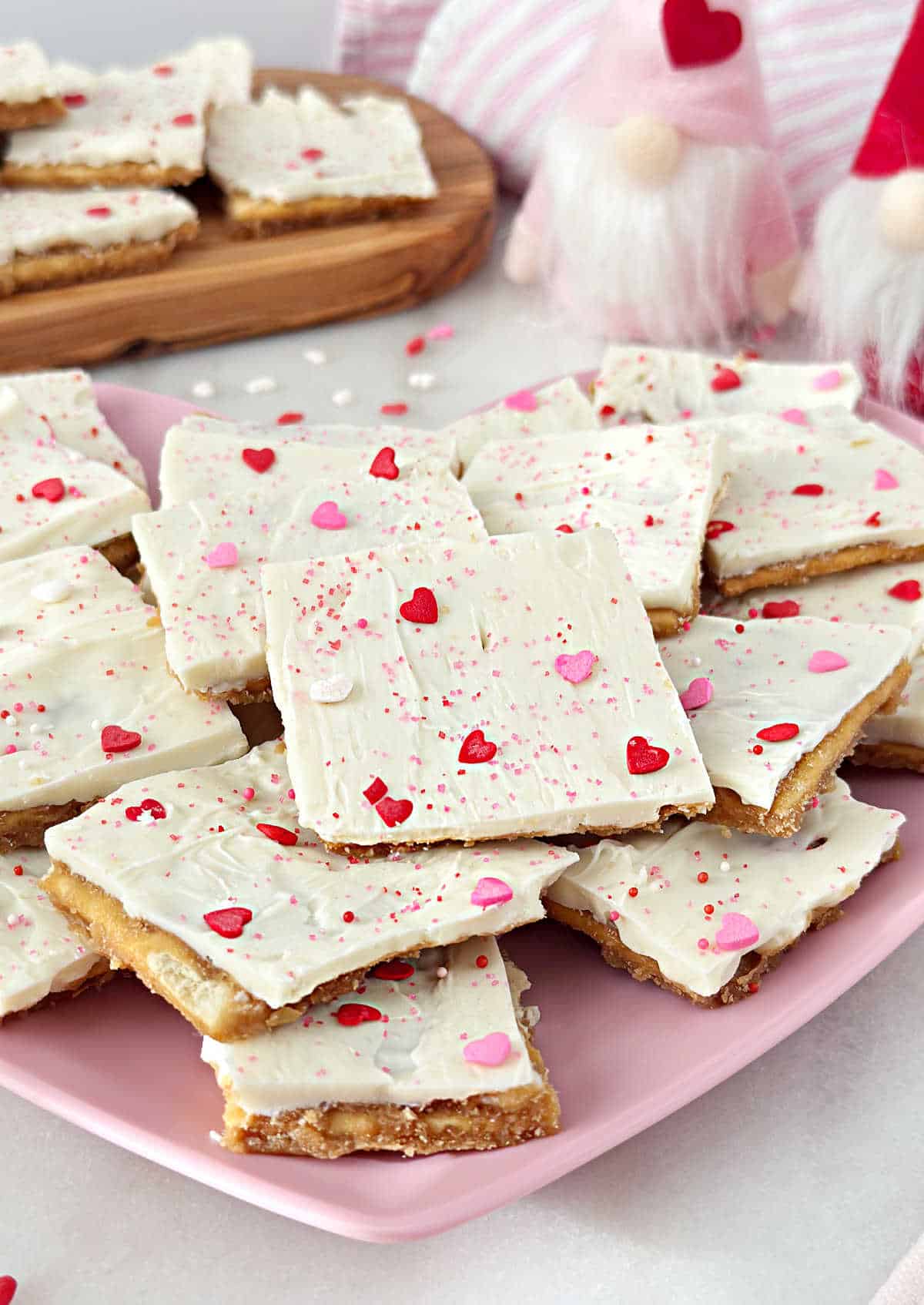 valentine day saltine cracker toffee on plate.