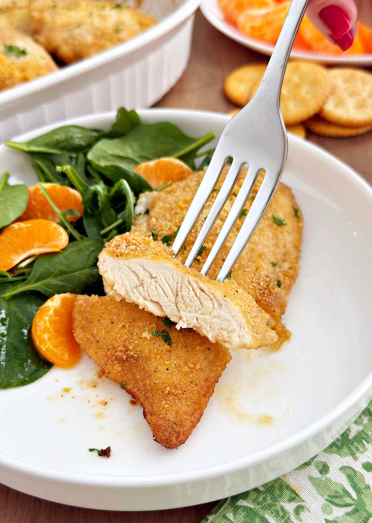 ritz cracker chicken on a fork.