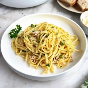 canned tuna pasta with peas.