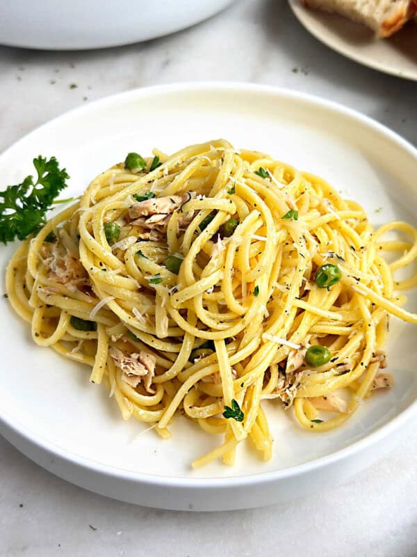 canned tuna pasta with peas.