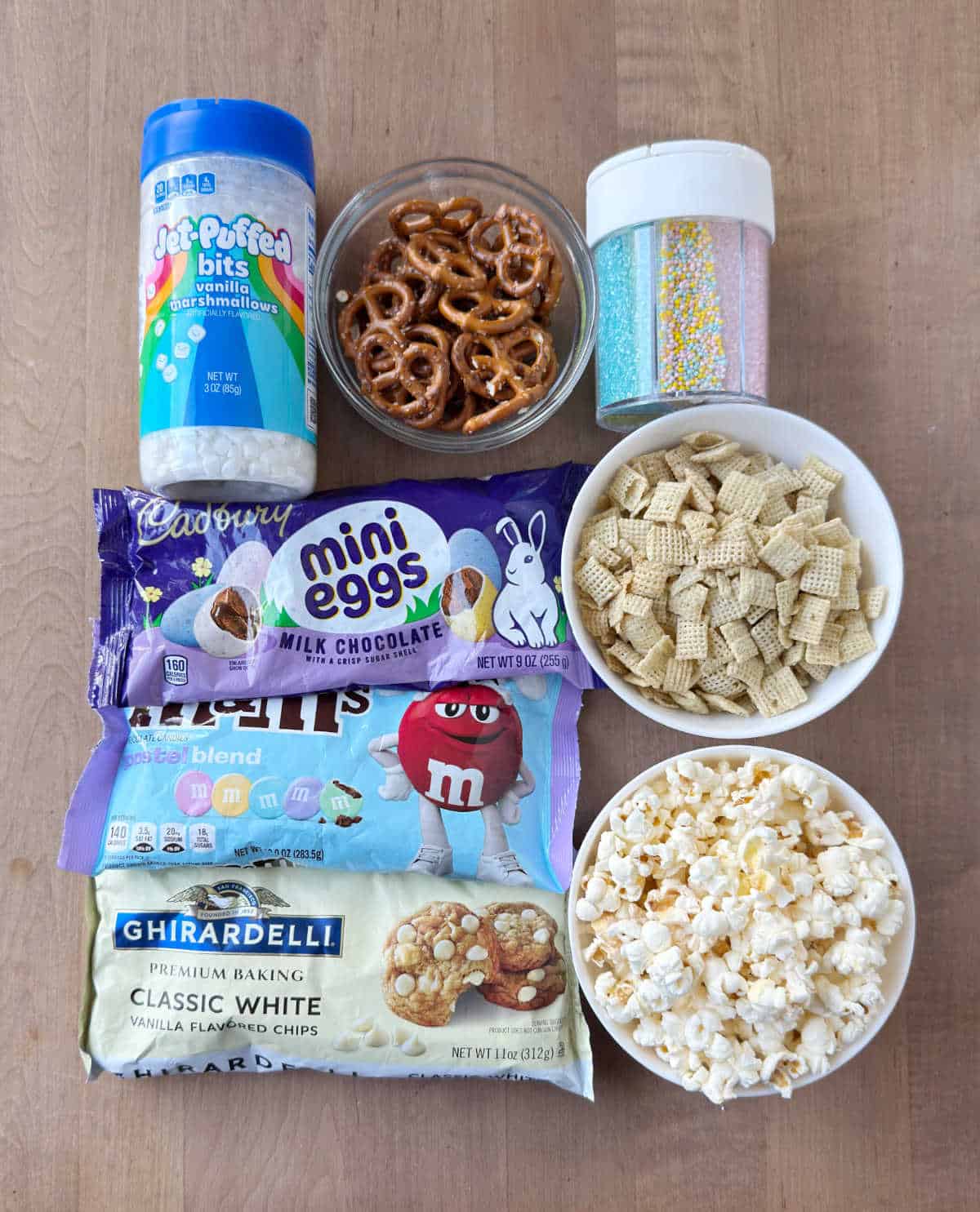 popcorn, Chex cereal, pretzels, candy, white chocolate.