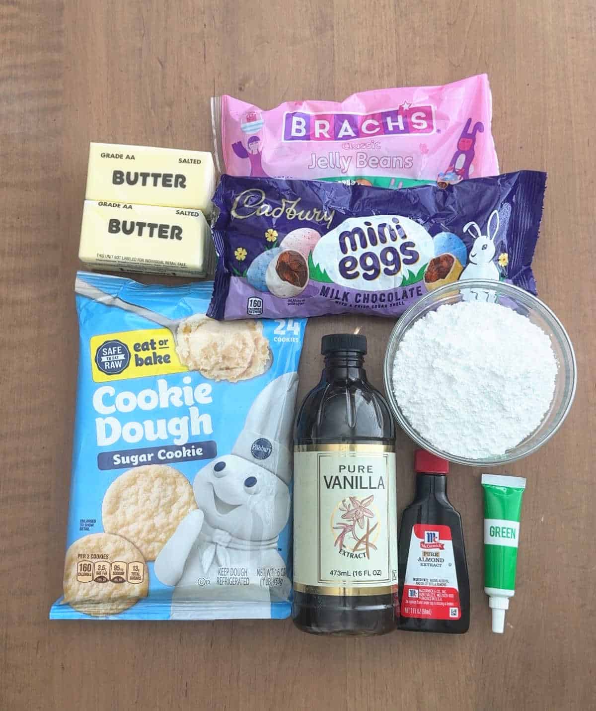 cookie dough, butter, candy, vanilla, sugar, extract, food coloring.