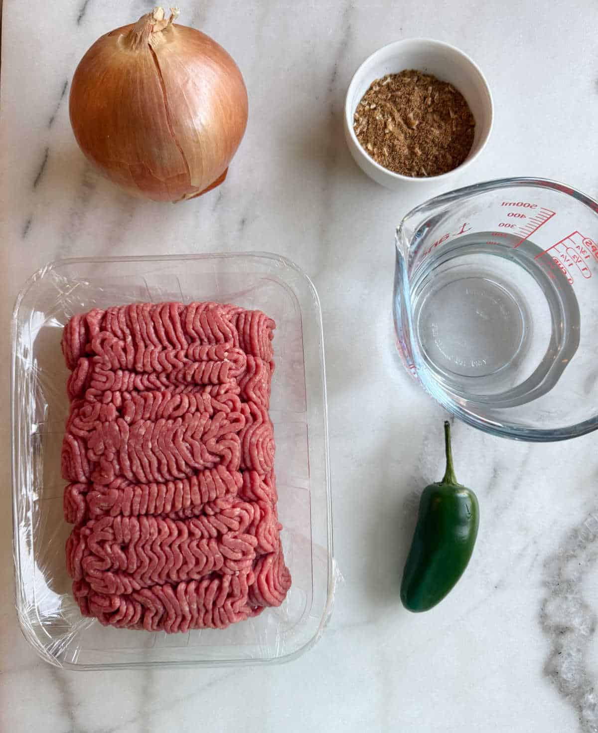 grass fed ground beef, onion, spices, water, jalapeño pepper.