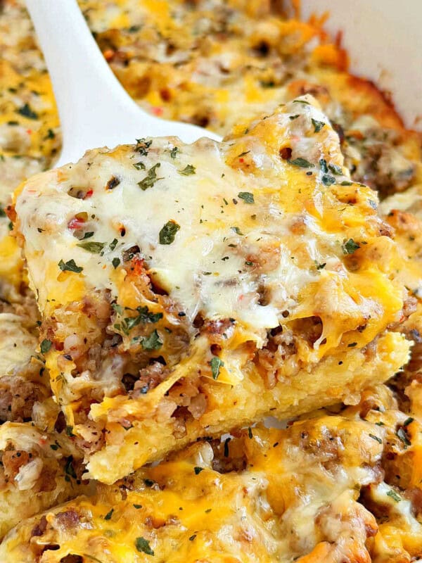 mothers day brunch ideas breakfast casserole on spatula.