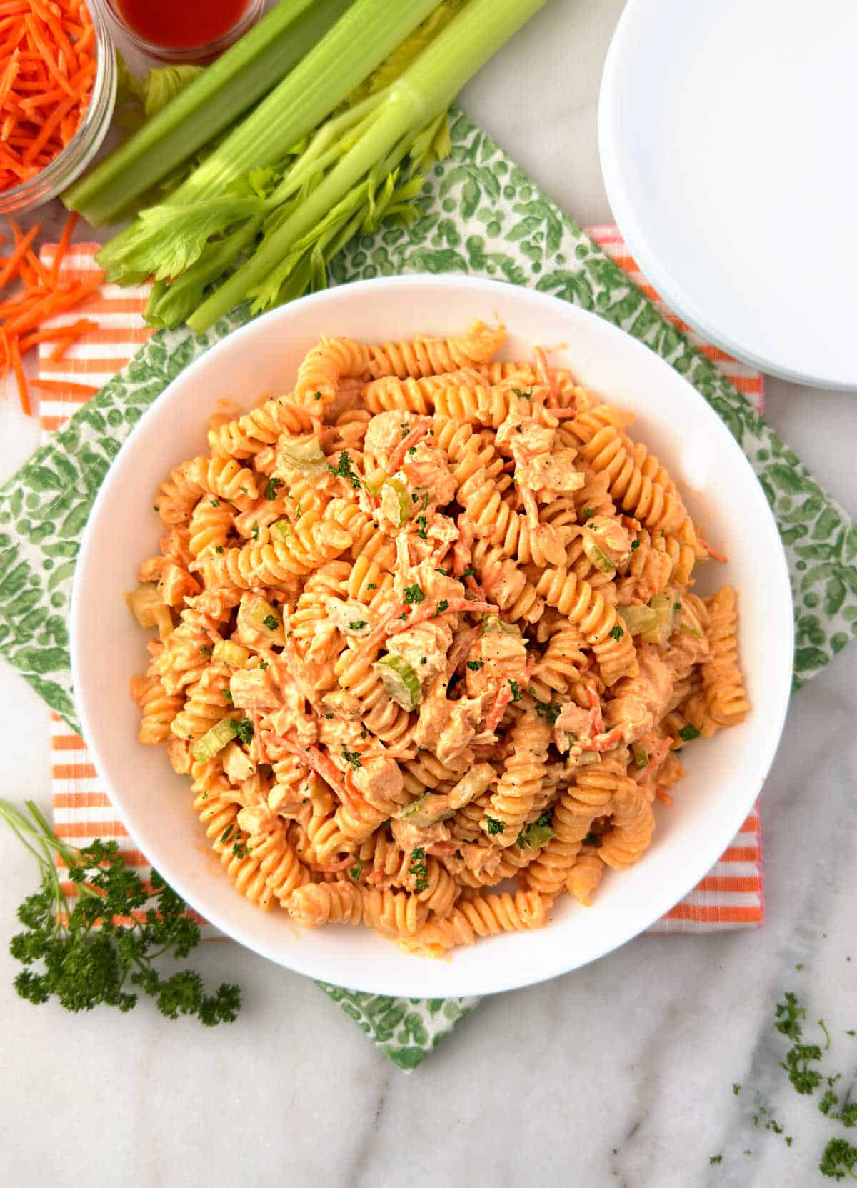 buffalo chicken pasta salad on the table.