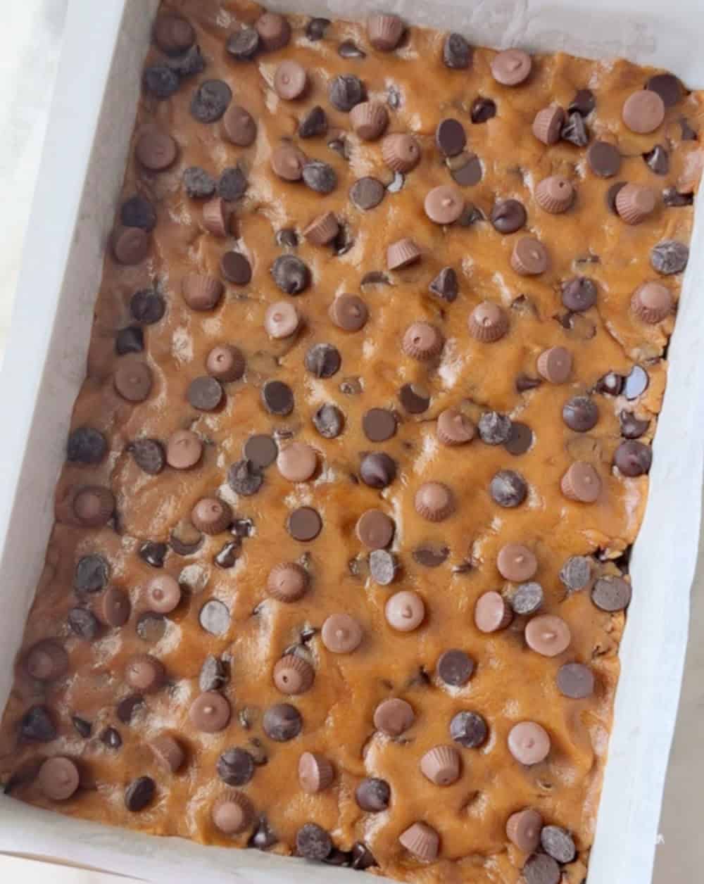 cookie bar dough in baking pan.