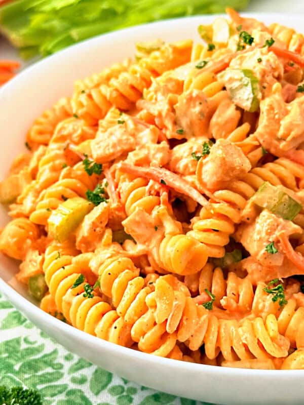 bowl of buffalo chicken pasta salad.