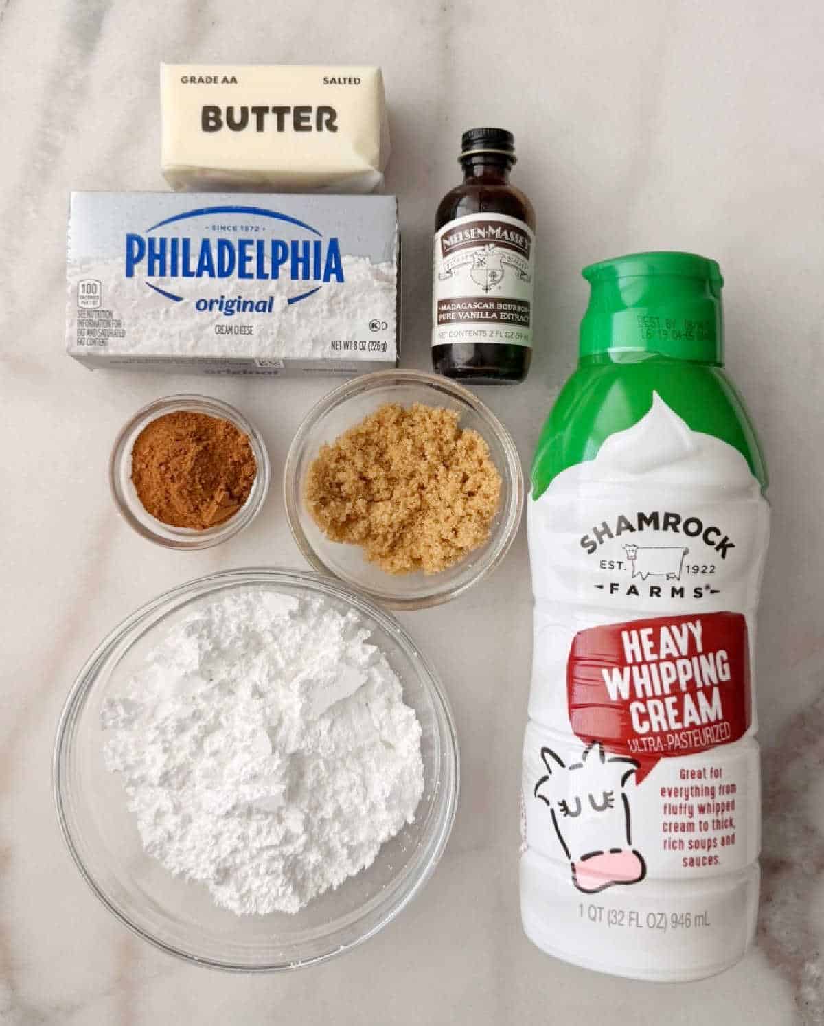 cream cheese, cream, powdered sugar, vanilla, brown sugar, cinnamon, butter.