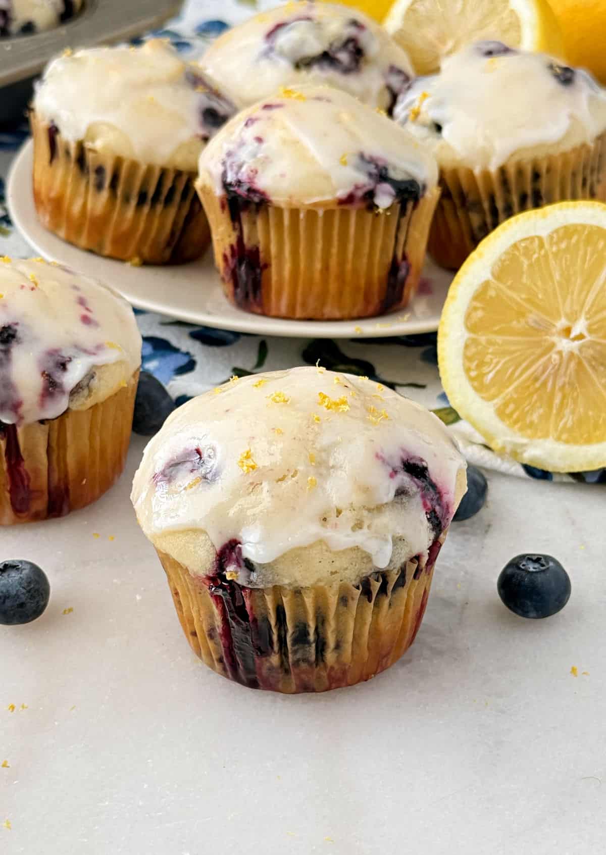 lemon blueberry muffin with lemon glaze.