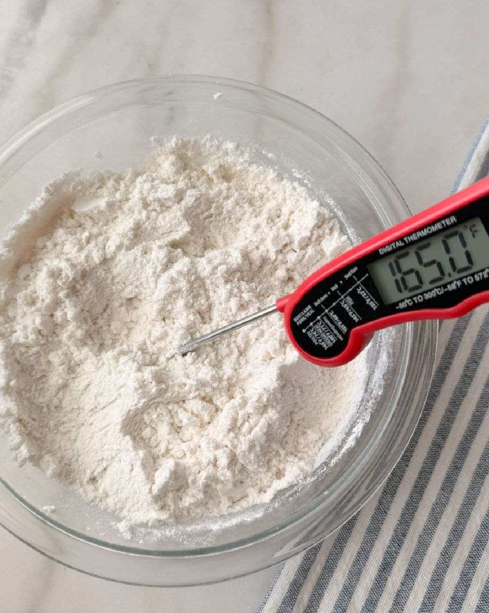 thermometer in heat treated cake mix.