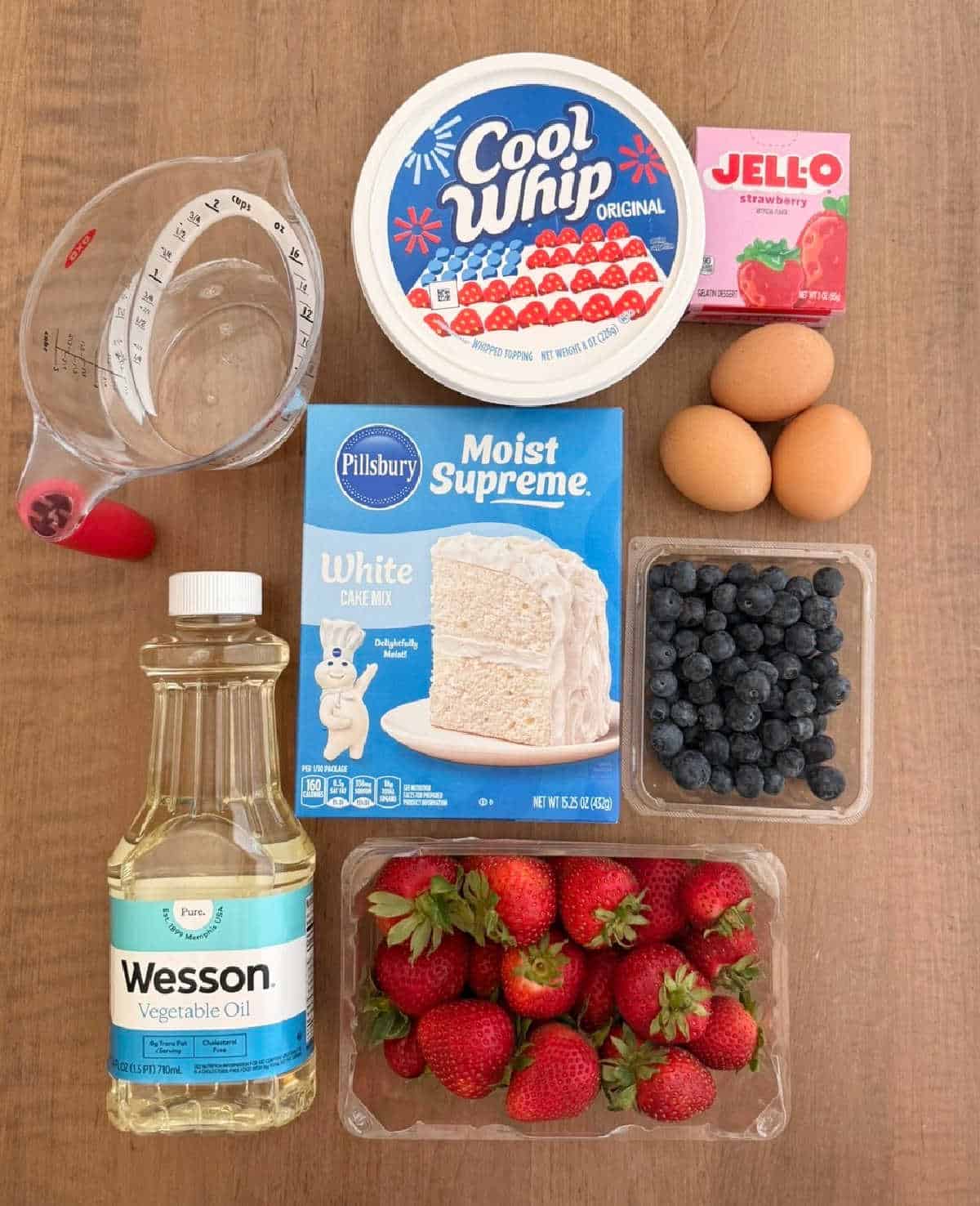 cake mix, jello, cool whip and ingredients to make cake.