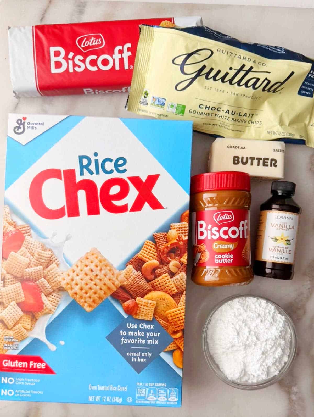rice chex, Biscoff, white chocolate, butter, cookie butter, vanilla, sugar.
