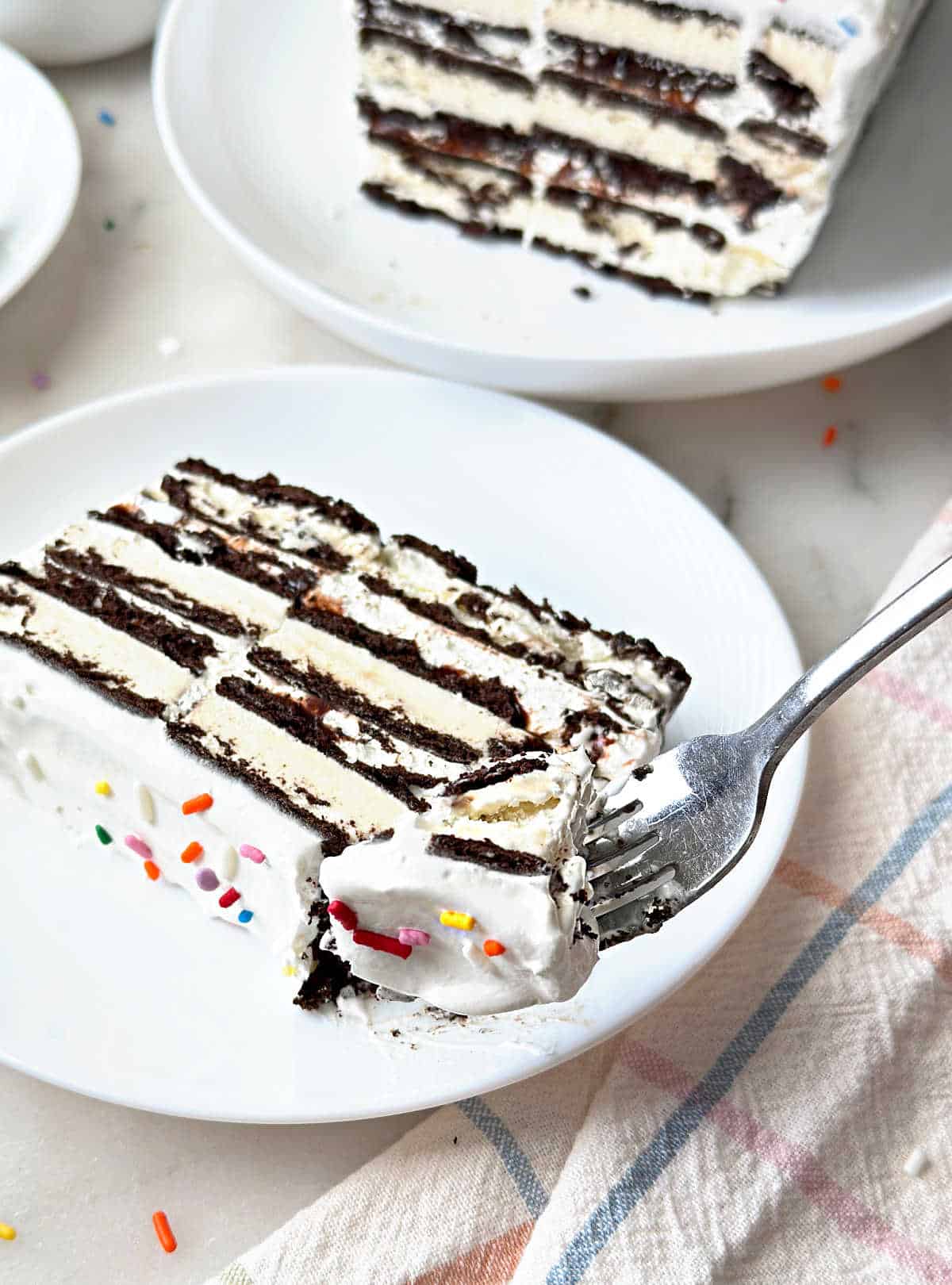 piece of ice cream sandwich cake on fork.