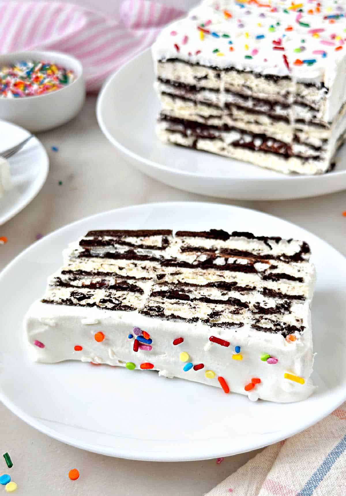 simple ice cream sandwich cake with sprinkles.