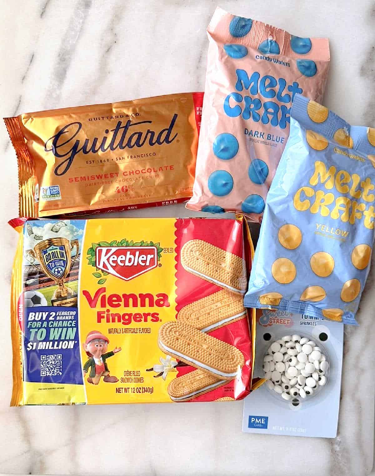 vienna fingers, chocolate chips, candy melts, candy eyeballs.