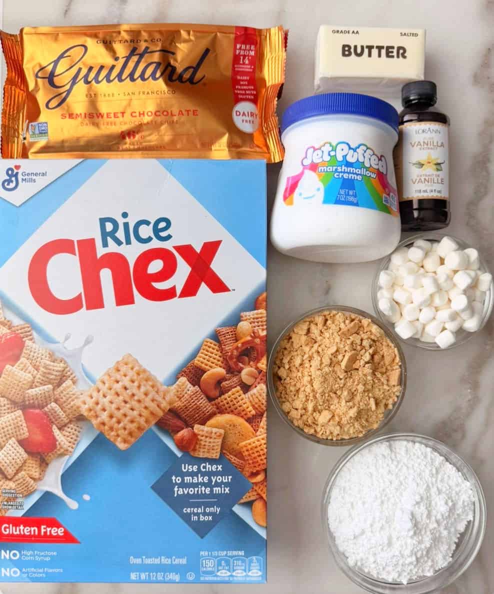 rice chex, chocolate chips, butter, marshmallow, vanilla, graham crackers, powdered sugar.
