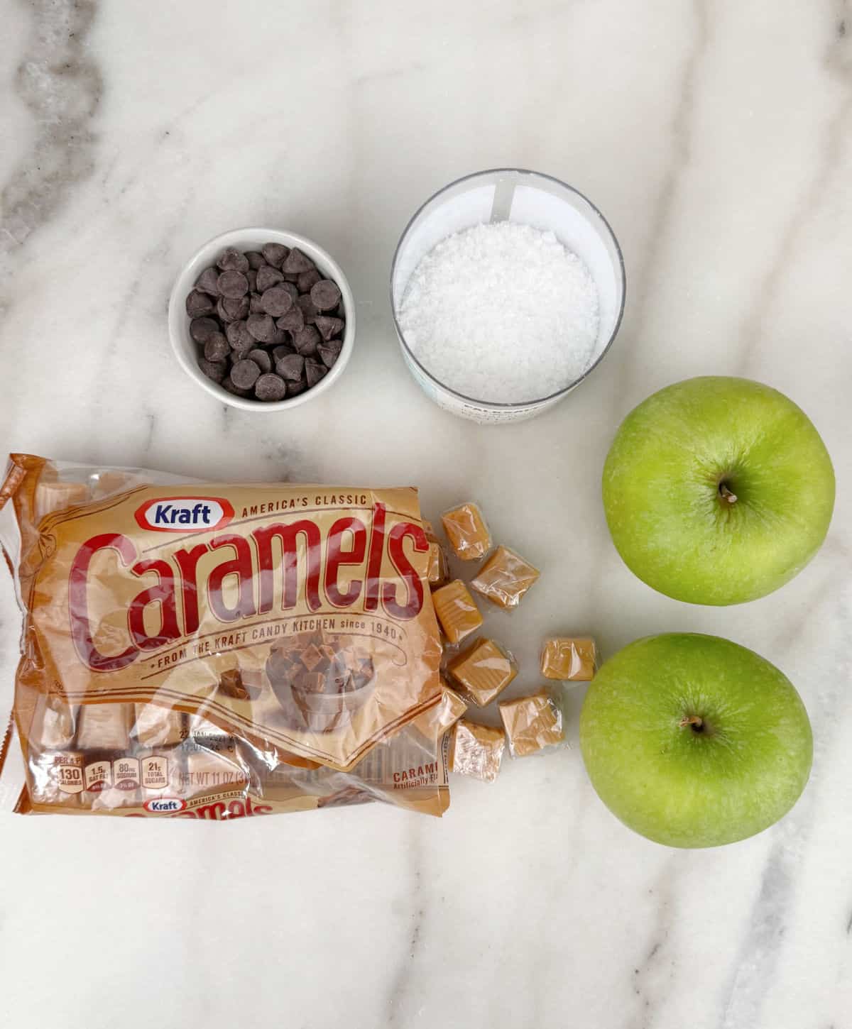 green apples, caramels, chocolate chips, flaked salt.