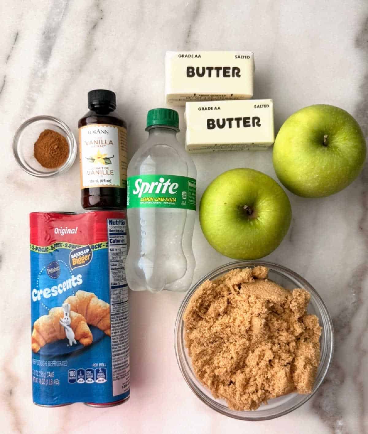 crescent dough, apples, brown sugar, sprite, butter, cinnamon, vanilla.
