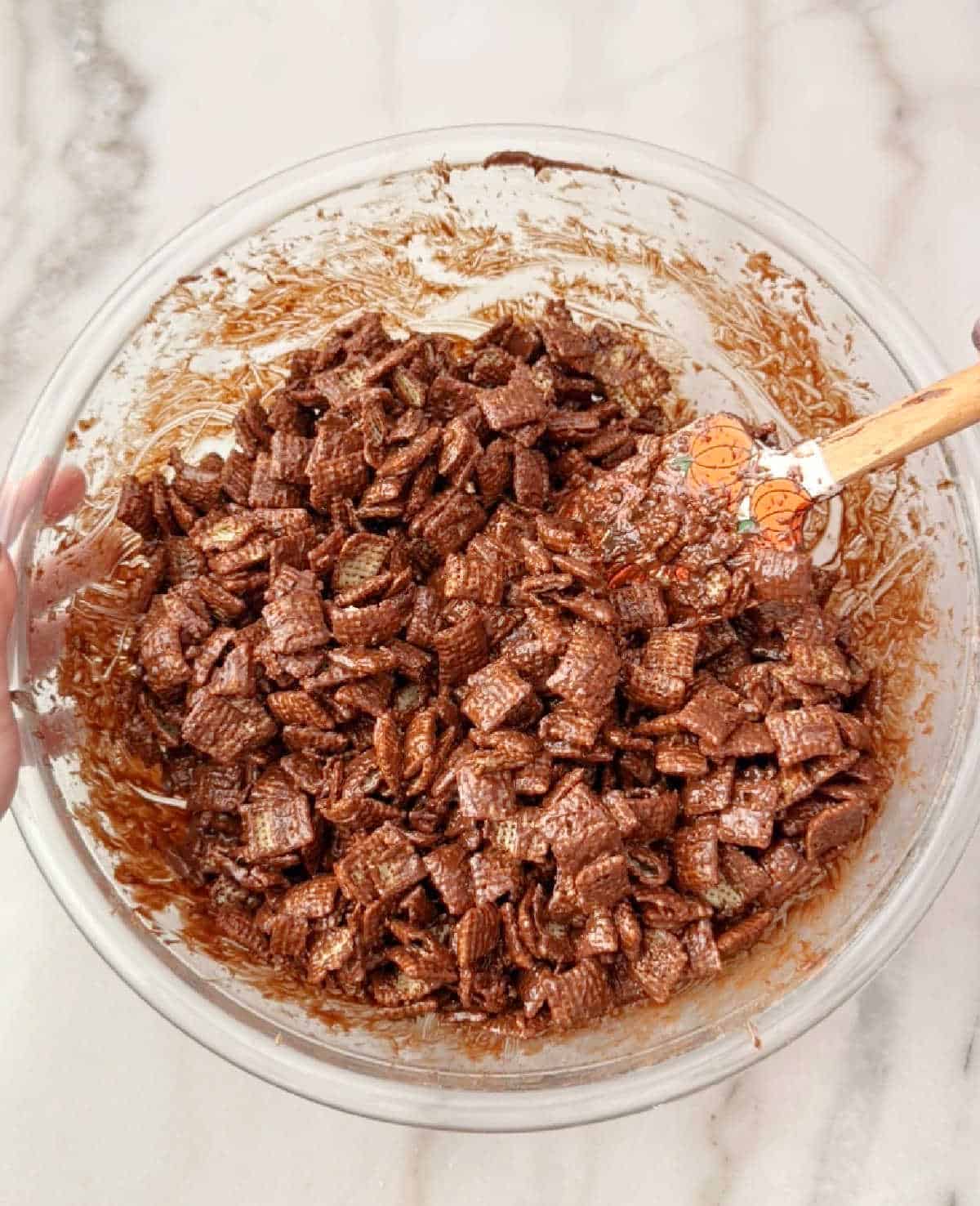 mixing in rice chex.