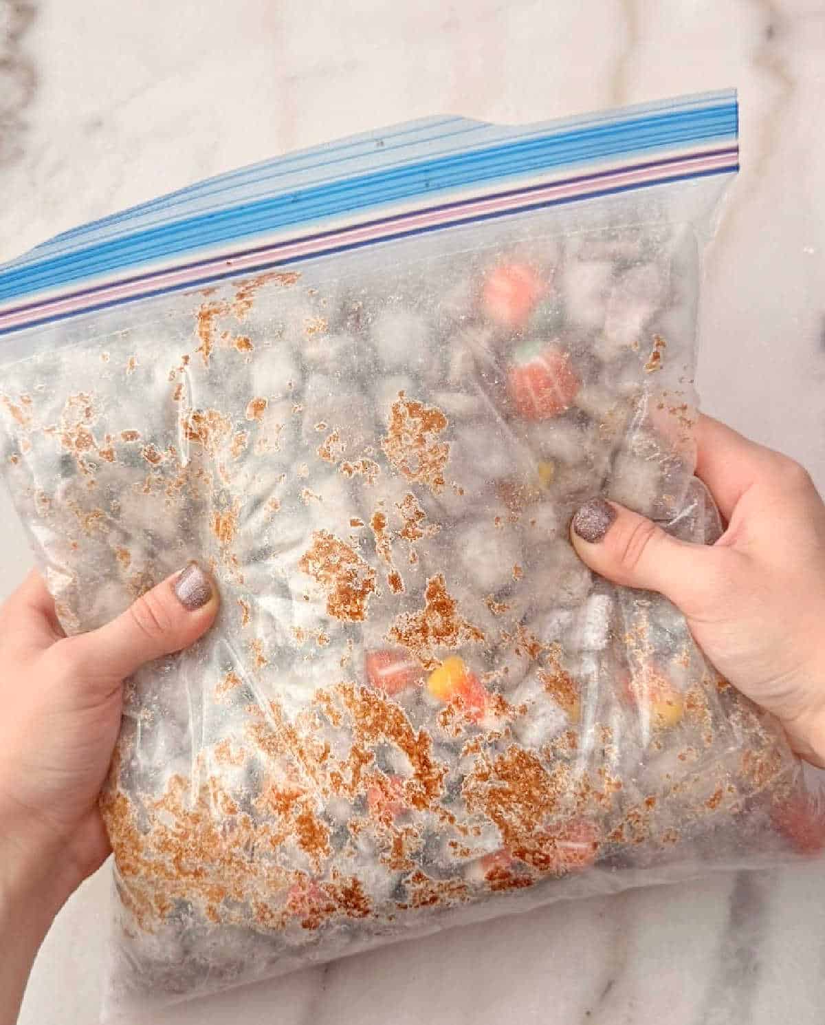 shaking muddy buddies in gallon bag.