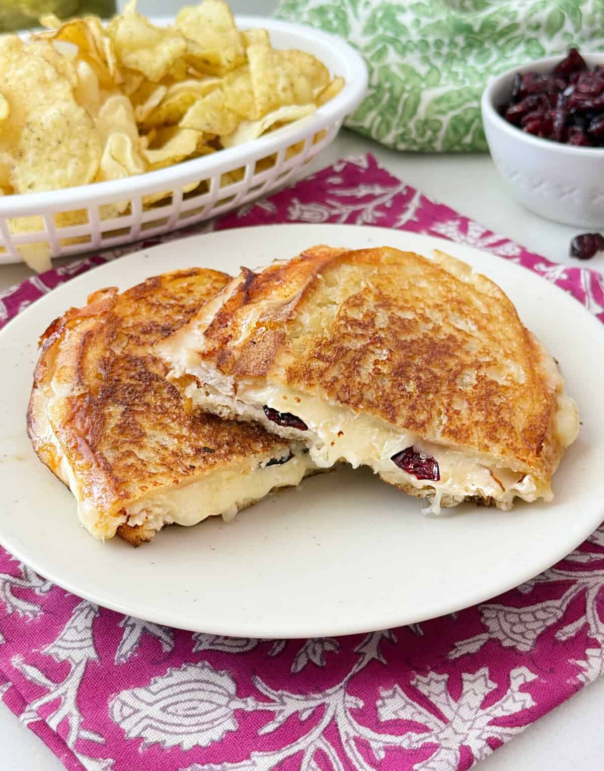 grilled turkey sandwich with melted provolone cheese and dried cranberries.